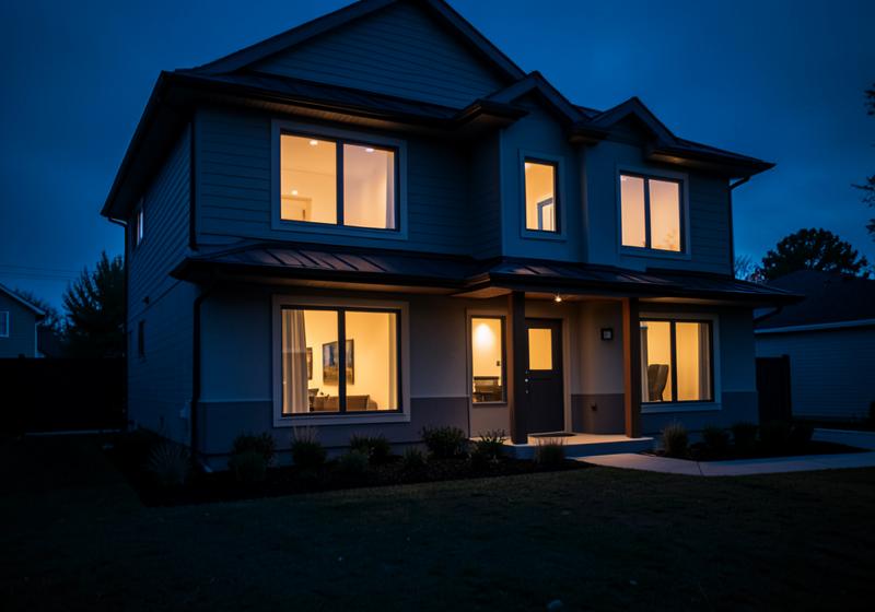 Suburban home lit at dusk