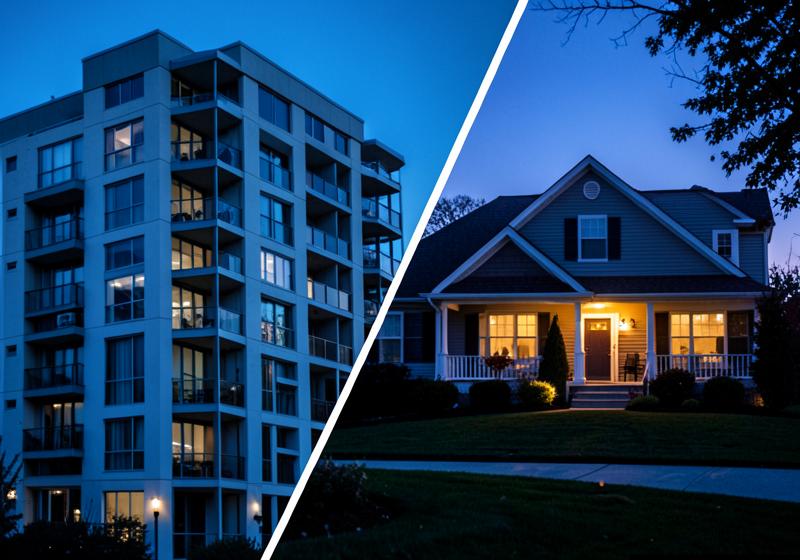 Apartment building beside a single family home