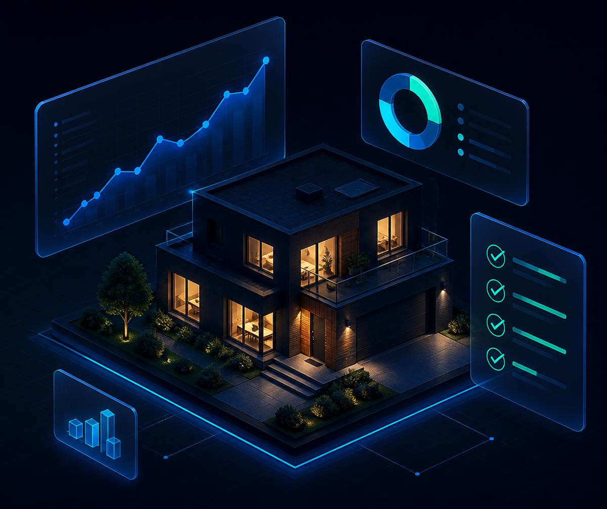 Illustration of a home surrounded by charts and checklists